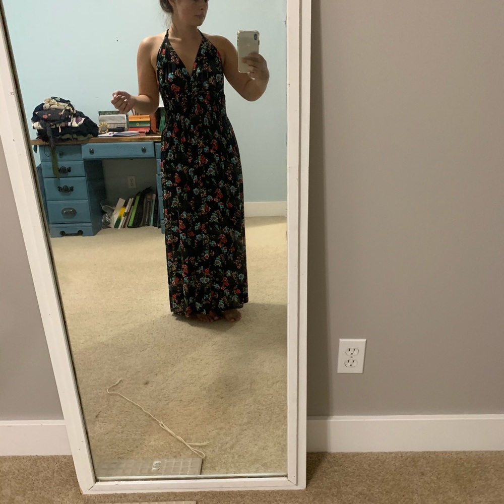Backless Floral Maxi Halter Dress